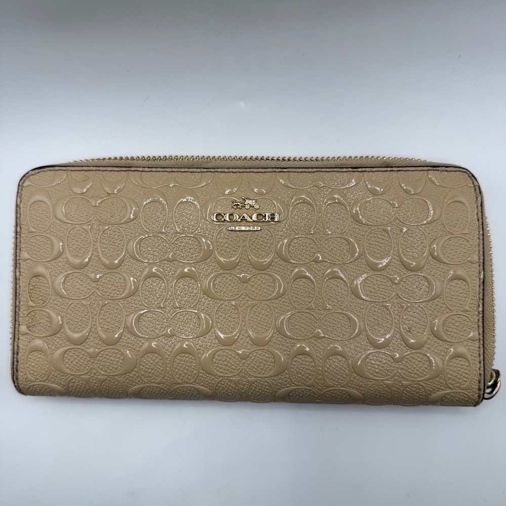 Coach Accordion Zip Wallet Signature Debossed Patent Leather Beige Burgundy